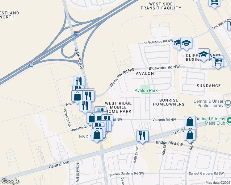 map of restaurants, bars, coffee shops, grocery stores, and more near 9612 Adonai Road Northwest in Albuquerque