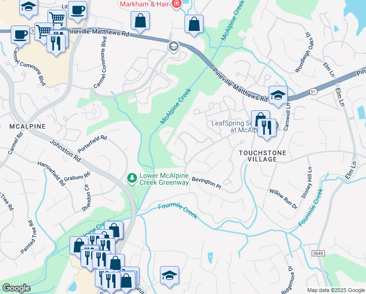 map of restaurants, bars, coffee shops, grocery stores, and more near 6707 Bevington Brook Ln in Charlotte
