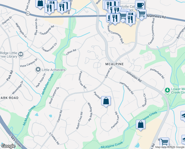 map of restaurants, bars, coffee shops, grocery stores, and more near 7301 Colby Court in Charlotte