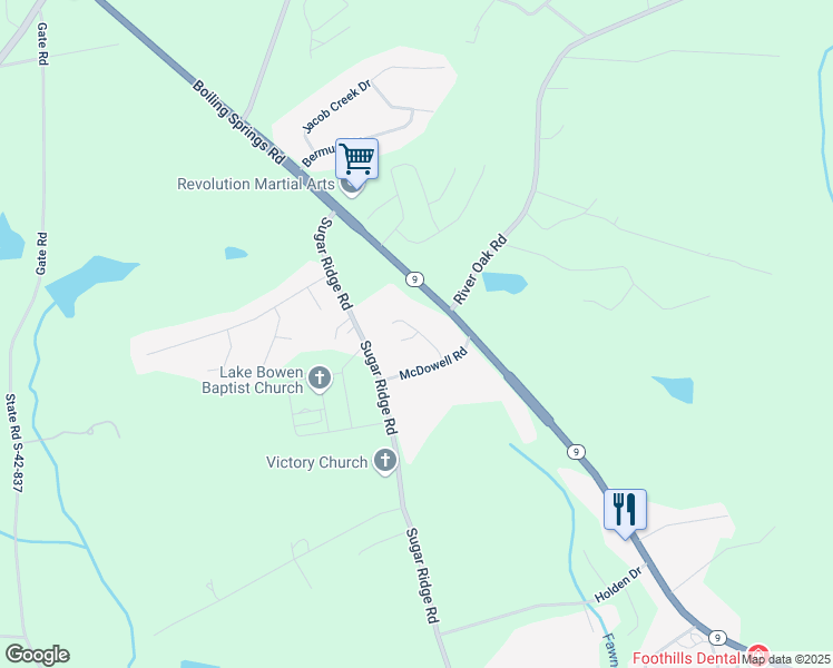 map of restaurants, bars, coffee shops, grocery stores, and more near 217 Kole Crest Drive in Inman