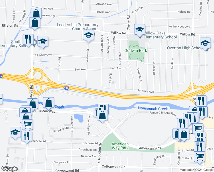 map of restaurants, bars, coffee shops, grocery stores, and more near 1925 South Goodlett Street in Memphis