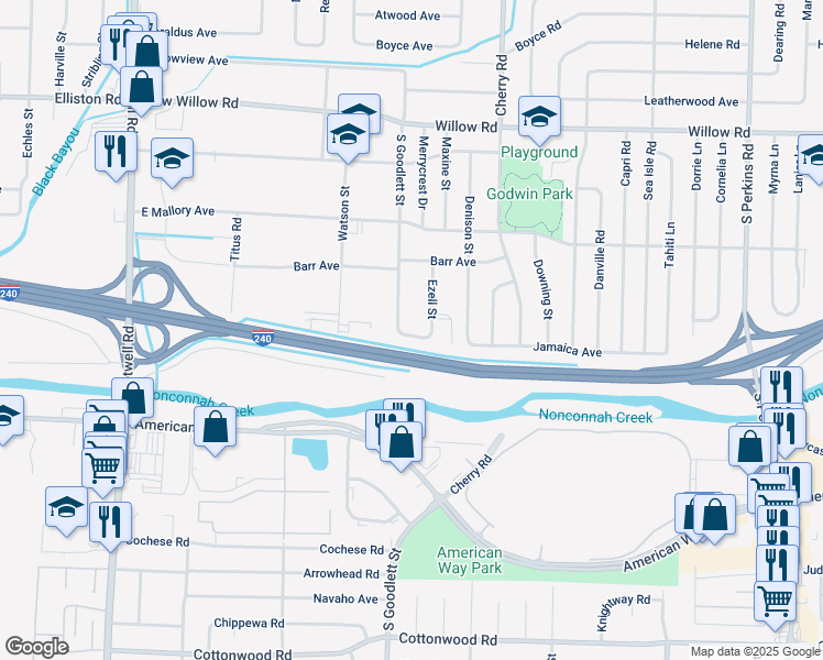map of restaurants, bars, coffee shops, grocery stores, and more near 1925 South Goodlett Street in Memphis
