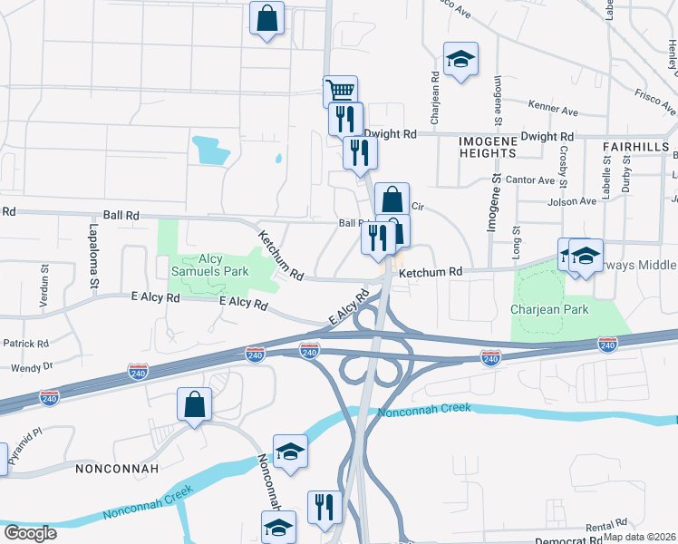 map of restaurants, bars, coffee shops, grocery stores, and more near 2319 Ketchum Road in Memphis