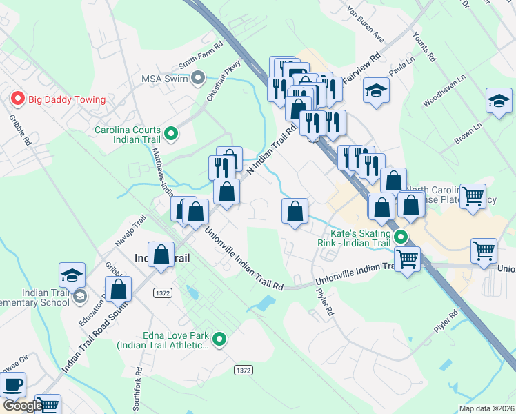 map of restaurants, bars, coffee shops, grocery stores, and more near 338 Glenridge Court in Indian Trail