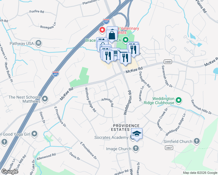 map of restaurants, bars, coffee shops, grocery stores, and more near 3232 Mannington Drive in Charlotte