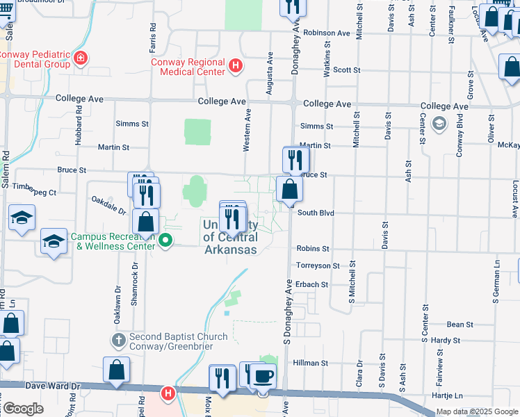 map of restaurants, bars, coffee shops, grocery stores, and more near in Conway