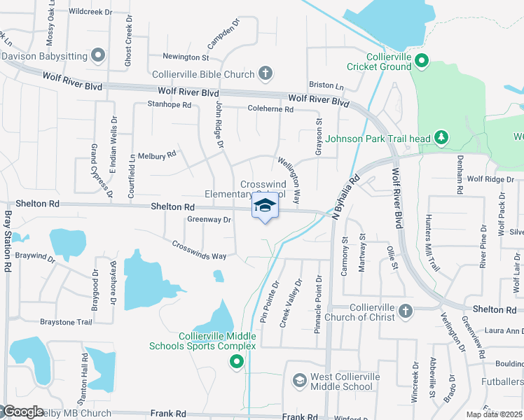 map of restaurants, bars, coffee shops, grocery stores, and more near 831 Shelton Road in Collierville