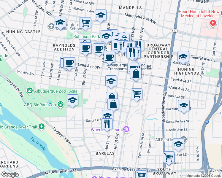 map of restaurants, bars, coffee shops, grocery stores, and more near 601 4th Street Southwest in Albuquerque