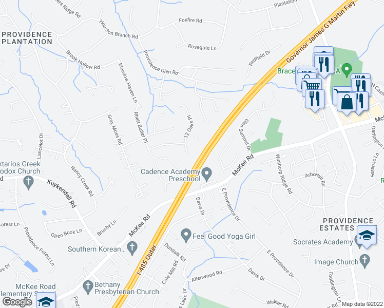 map of restaurants, bars, coffee shops, grocery stores, and more near 3439 12 Oaks Place in Charlotte