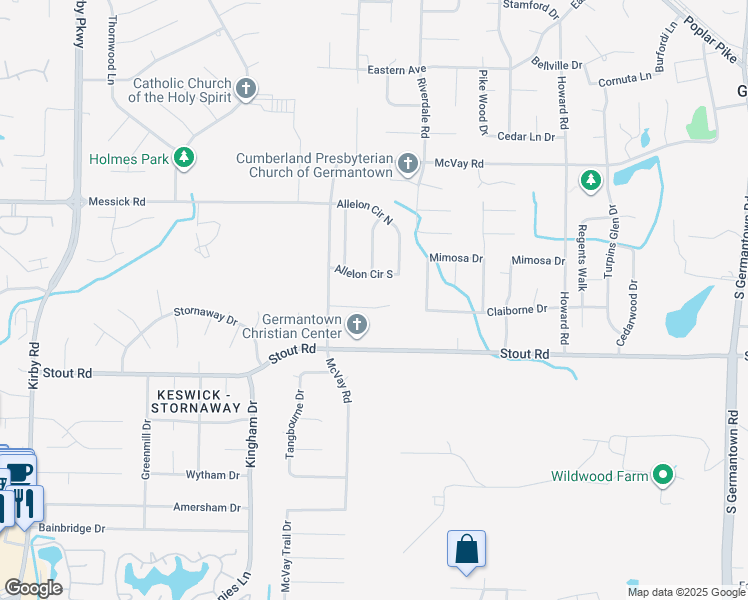 map of restaurants, bars, coffee shops, grocery stores, and more near 7064 May Woods Lane in Germantown