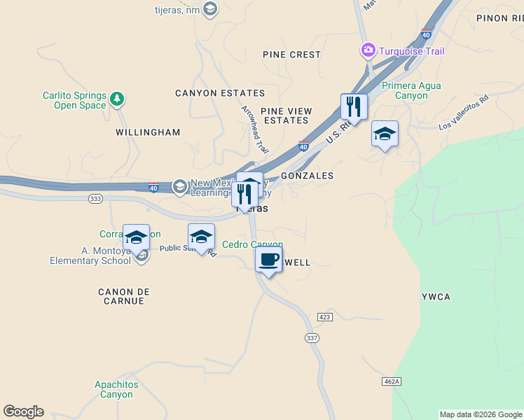 map of restaurants, bars, coffee shops, grocery stores, and more near 11820 New Mexico 337 in Tijeras