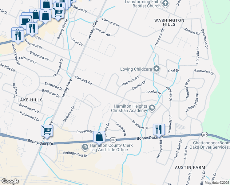 map of restaurants, bars, coffee shops, grocery stores, and more near 6200 Wimberly Drive in Chattanooga