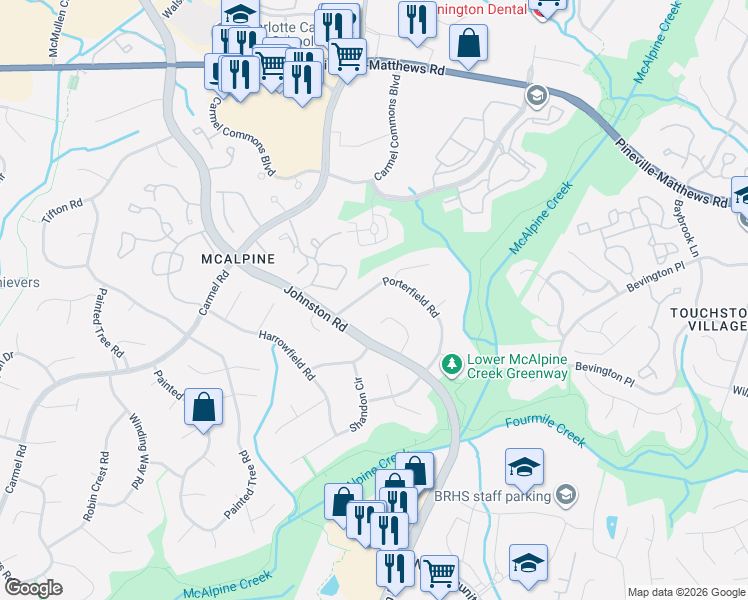 map of restaurants, bars, coffee shops, grocery stores, and more near 6811 Pin Oak Court in Charlotte