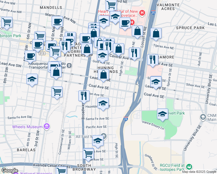 map of restaurants, bars, coffee shops, grocery stores, and more near 504 Edith Boulevard Southeast in Albuquerque