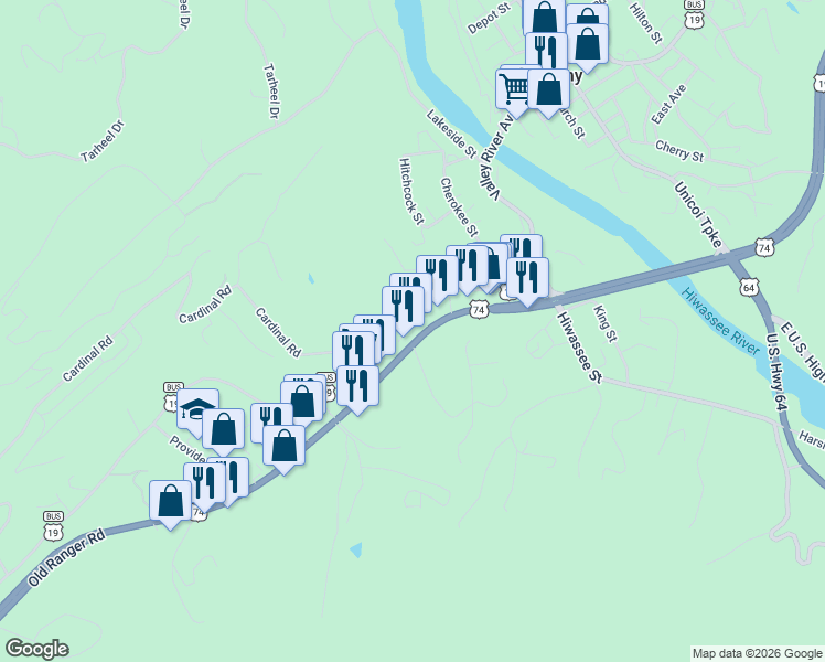 map of restaurants, bars, coffee shops, grocery stores, and more near 680 U.S. 74 in Murphy