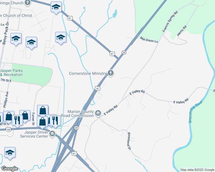 map of restaurants, bars, coffee shops, grocery stores, and more near 240 Cornerstone Drive in Jasper
