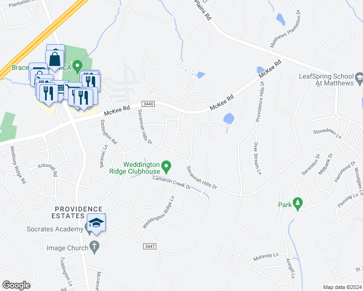 map of restaurants, bars, coffee shops, grocery stores, and more near 1705 Bernadine Court in Matthews