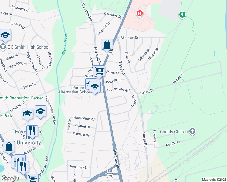 map of restaurants, bars, coffee shops, grocery stores, and more near 158 Kensington Circle in Fayetteville