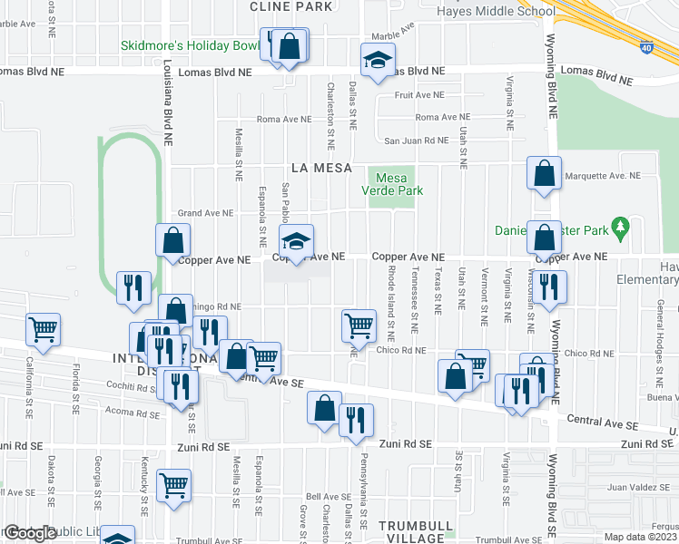 map of restaurants, bars, coffee shops, grocery stores, and more near 334 Charleston Street Northeast in Albuquerque