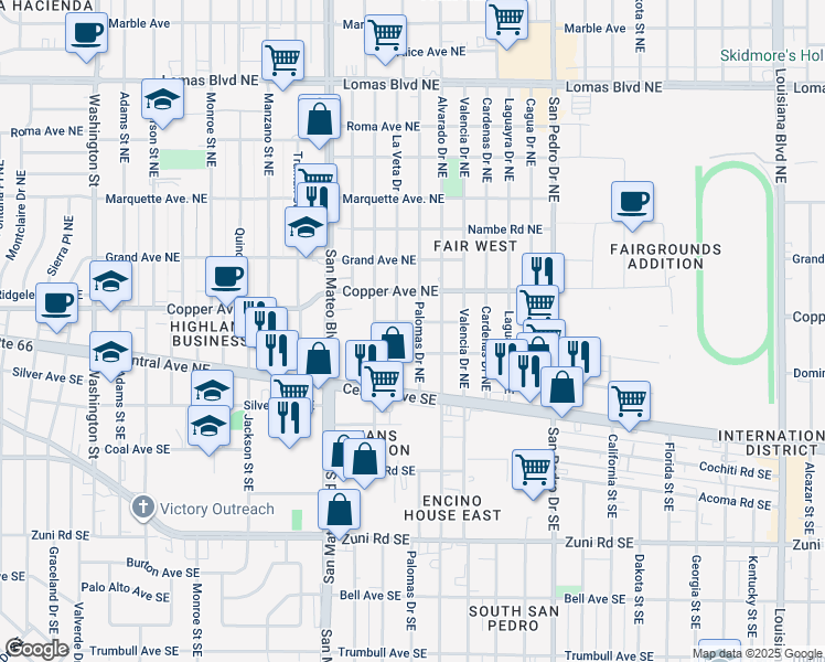 map of restaurants, bars, coffee shops, grocery stores, and more near 206 Palomas Drive Northeast in Albuquerque