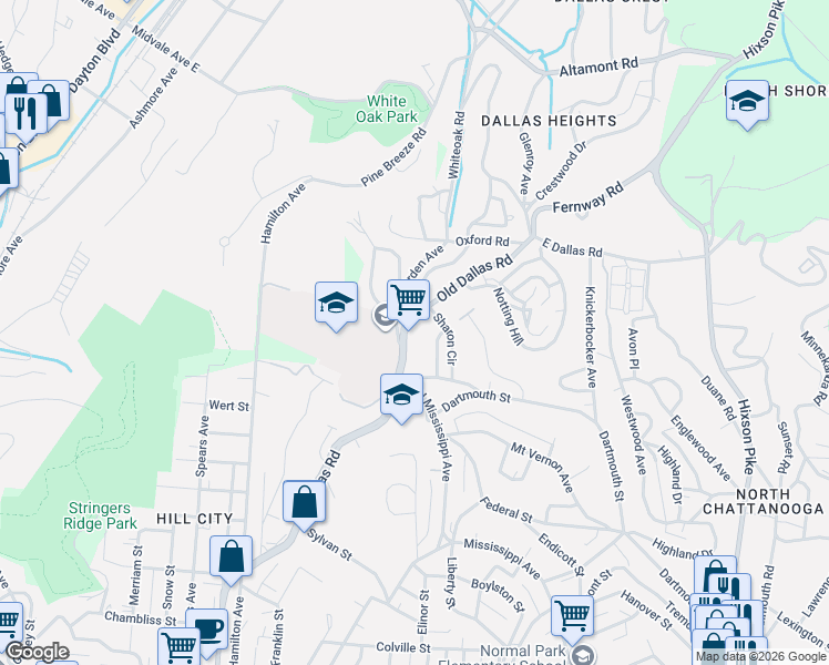 map of restaurants, bars, coffee shops, grocery stores, and more near 1316 Dallas Road in Chattanooga