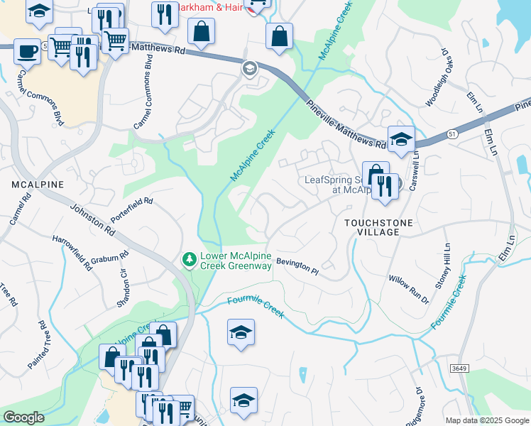 map of restaurants, bars, coffee shops, grocery stores, and more near 6707 Bevington Brook Ln in Charlotte