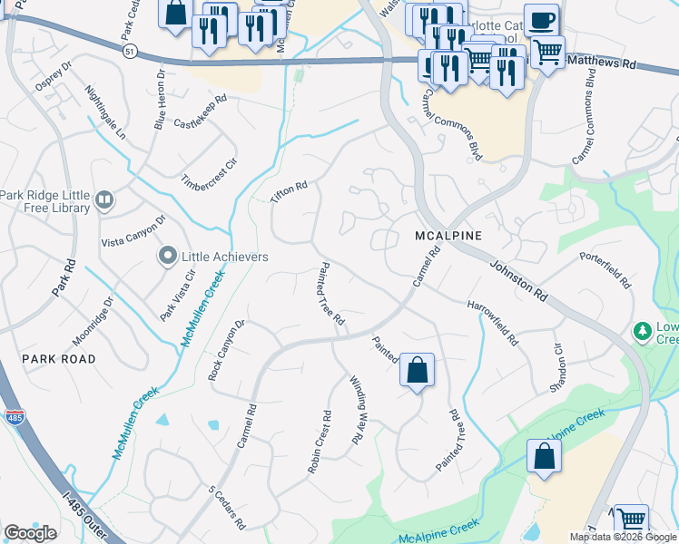 map of restaurants, bars, coffee shops, grocery stores, and more near 11018 Painted Tree Road in Charlotte