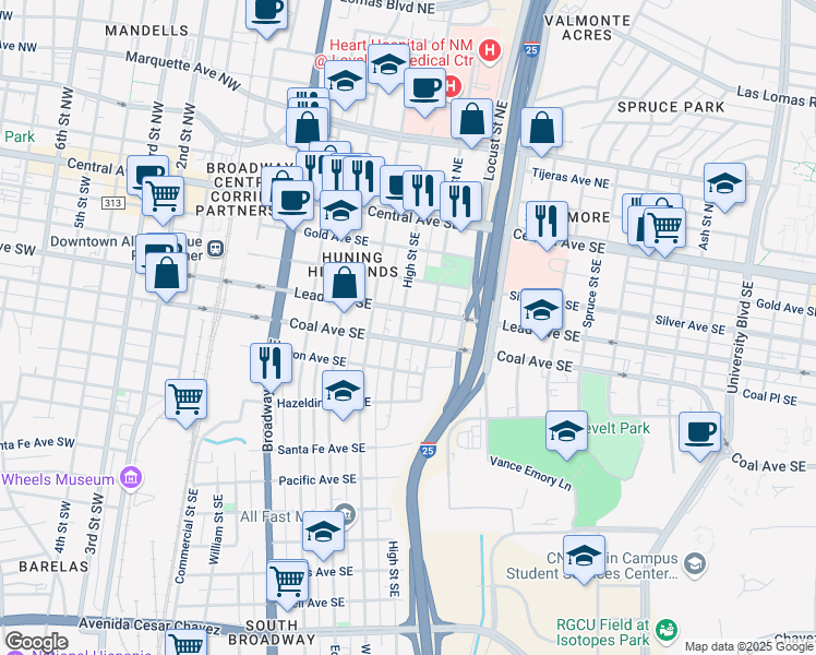 map of restaurants, bars, coffee shops, grocery stores, and more near 416 High Street Southeast in Albuquerque