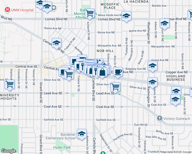 map of restaurants, bars, coffee shops, grocery stores, and more near 112 Hermosa Drive Southeast in Albuquerque