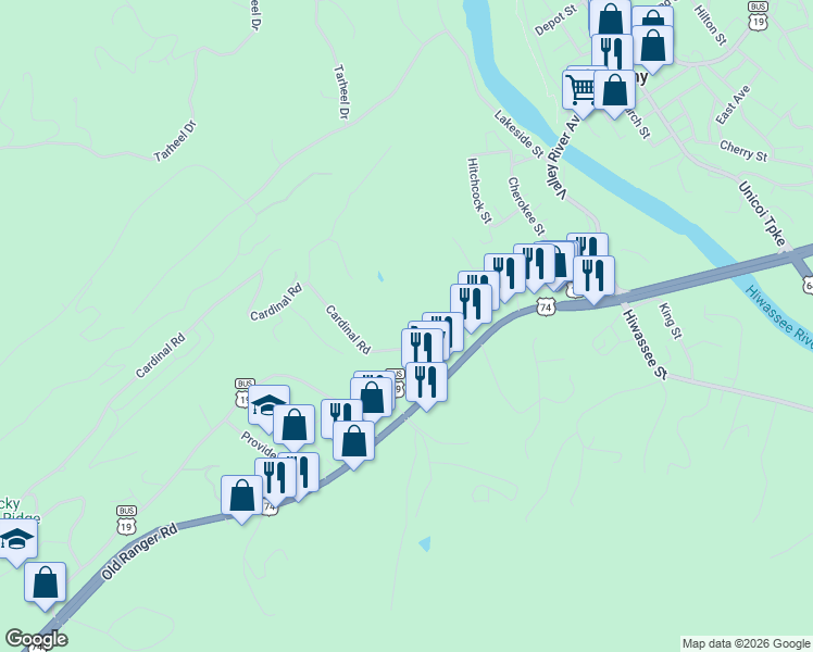 map of restaurants, bars, coffee shops, grocery stores, and more near 420 Old Ranger Road in Murphy