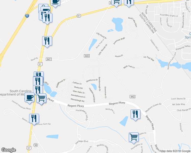 map of restaurants, bars, coffee shops, grocery stores, and more near 3104 Haverstock Hill Drive in Fort Mill