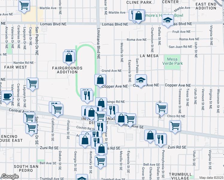 map of restaurants, bars, coffee shops, grocery stores, and more near 224 Chama Street Northeast in Albuquerque
