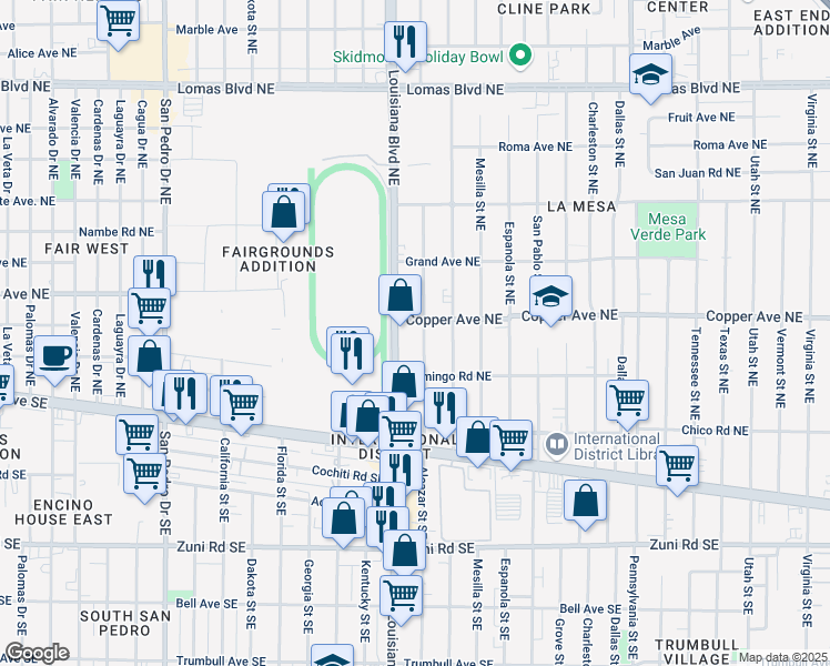 map of restaurants, bars, coffee shops, grocery stores, and more near 221 Alcazar Street Northeast in Albuquerque