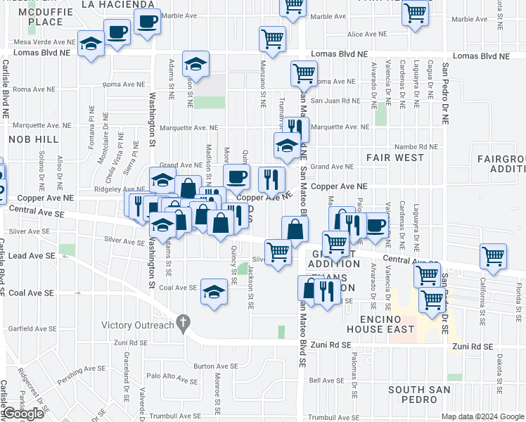 map of restaurants, bars, coffee shops, grocery stores, and more near 125 Manzano Street Northeast in Albuquerque