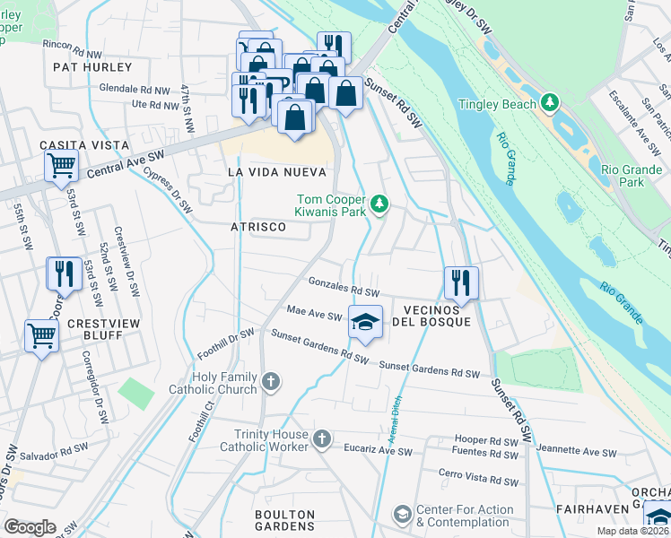 map of restaurants, bars, coffee shops, grocery stores, and more near 1741 Gonzales Road Southwest in Albuquerque