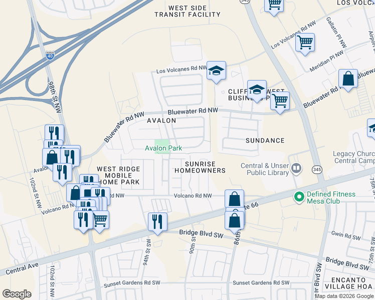 map of restaurants, bars, coffee shops, grocery stores, and more near 9005 Volcano Road Northwest in Albuquerque