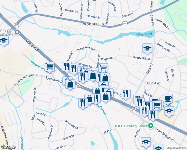map of restaurants, bars, coffee shops, grocery stores, and more near 824 Shannon Drive in Fayetteville