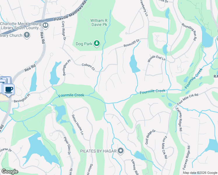 map of restaurants, bars, coffee shops, grocery stores, and more near 4717 Pineland Place in Charlotte