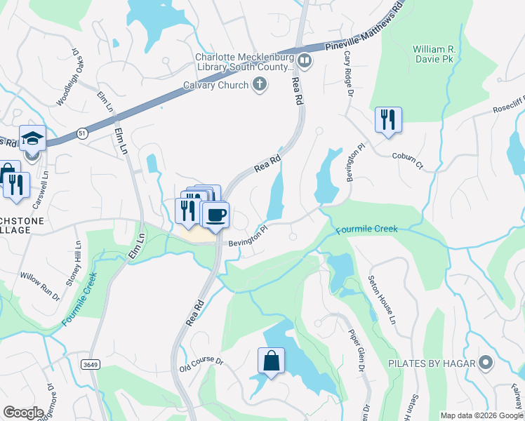 map of restaurants, bars, coffee shops, grocery stores, and more near 5627 Ballinard Lane in Charlotte