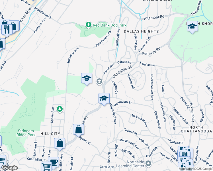 map of restaurants, bars, coffee shops, grocery stores, and more near 1316 Dallas Road in Chattanooga