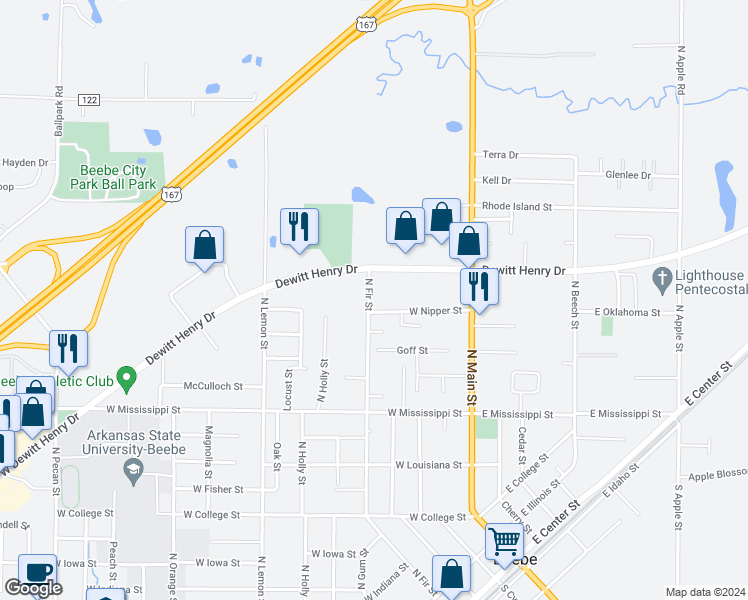 map of restaurants, bars, coffee shops, grocery stores, and more near 119 West Nipper Street in Beebe