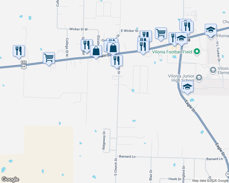 map of restaurants, bars, coffee shops, grocery stores, and more near 42 South Church Street in Vilonia