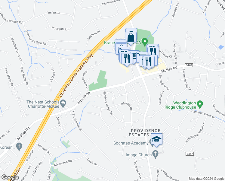 map of restaurants, bars, coffee shops, grocery stores, and more near 2762 Thornbush Court in Charlotte