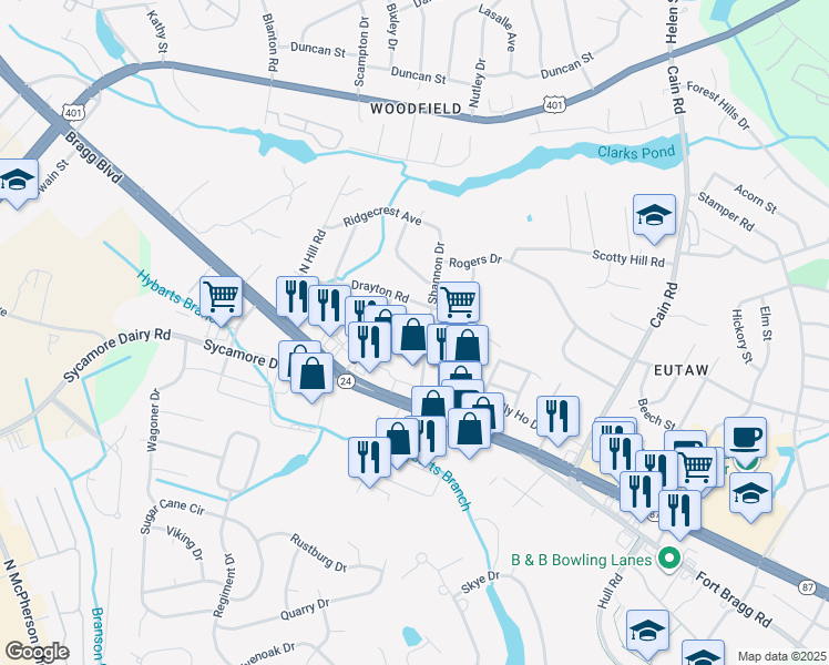 map of restaurants, bars, coffee shops, grocery stores, and more near 824 Shannon Drive in Fayetteville