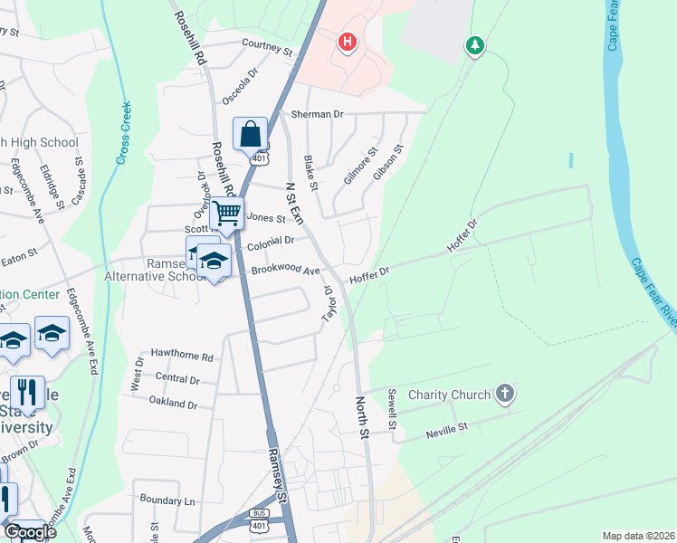 map of restaurants, bars, coffee shops, grocery stores, and more near 1344 Taylor Drive in Fayetteville