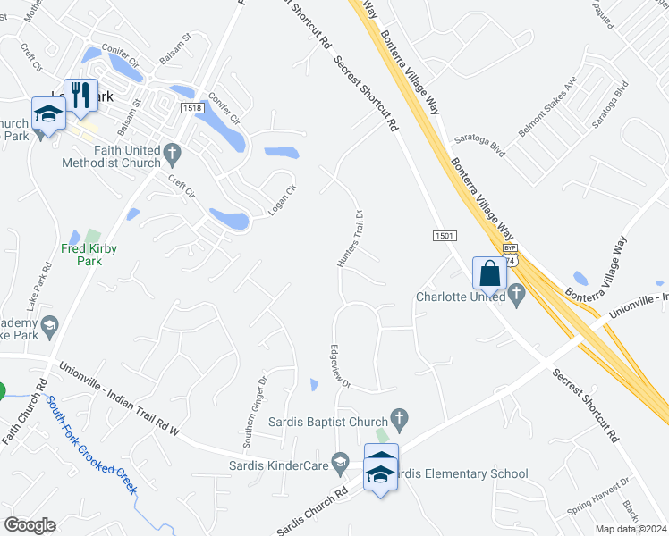 map of restaurants, bars, coffee shops, grocery stores, and more near 4102 Hunters Trail Drive in Indian Trail