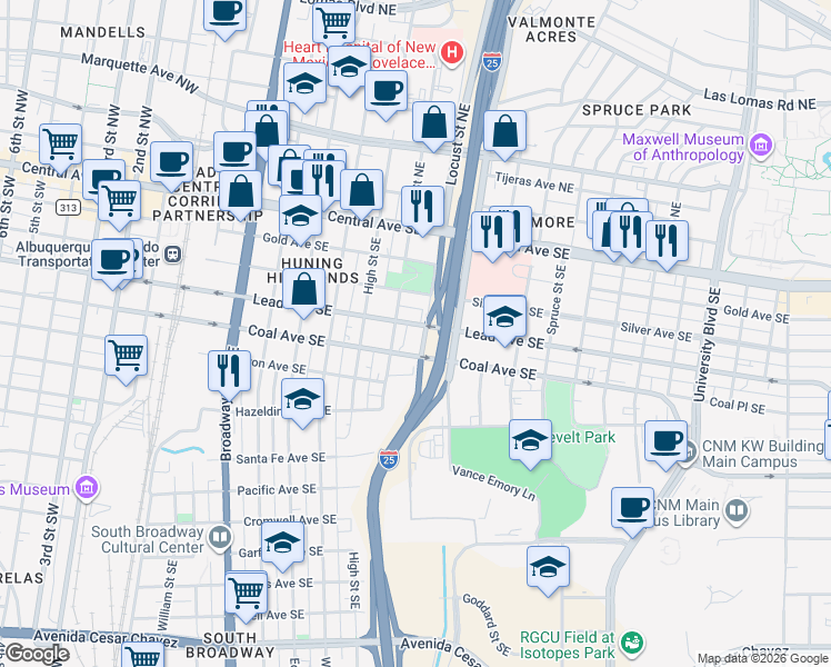 map of restaurants, bars, coffee shops, grocery stores, and more near 425 Locust Street Southeast in Albuquerque