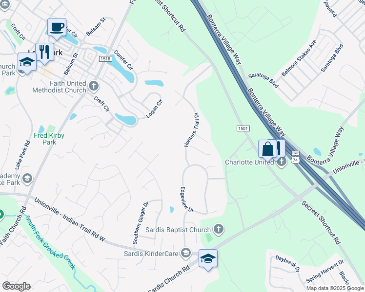 map of restaurants, bars, coffee shops, grocery stores, and more near 4102 Hunters Trail Drive in Indian Trail