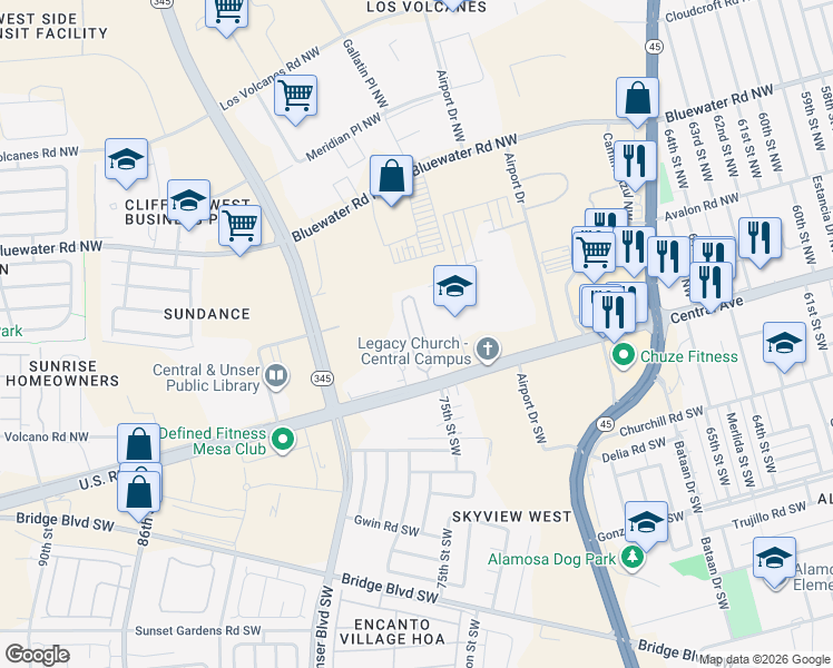 map of restaurants, bars, coffee shops, grocery stores, and more near 7625 Central Avenue Northwest in Albuquerque