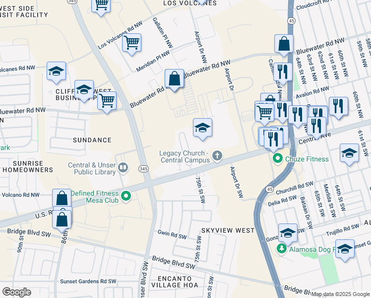 map of restaurants, bars, coffee shops, grocery stores, and more near 7625 Central Avenue Northwest in Albuquerque